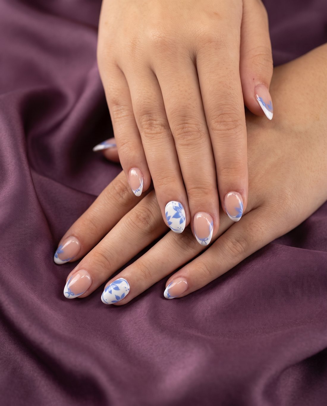 White and blue floral French tips