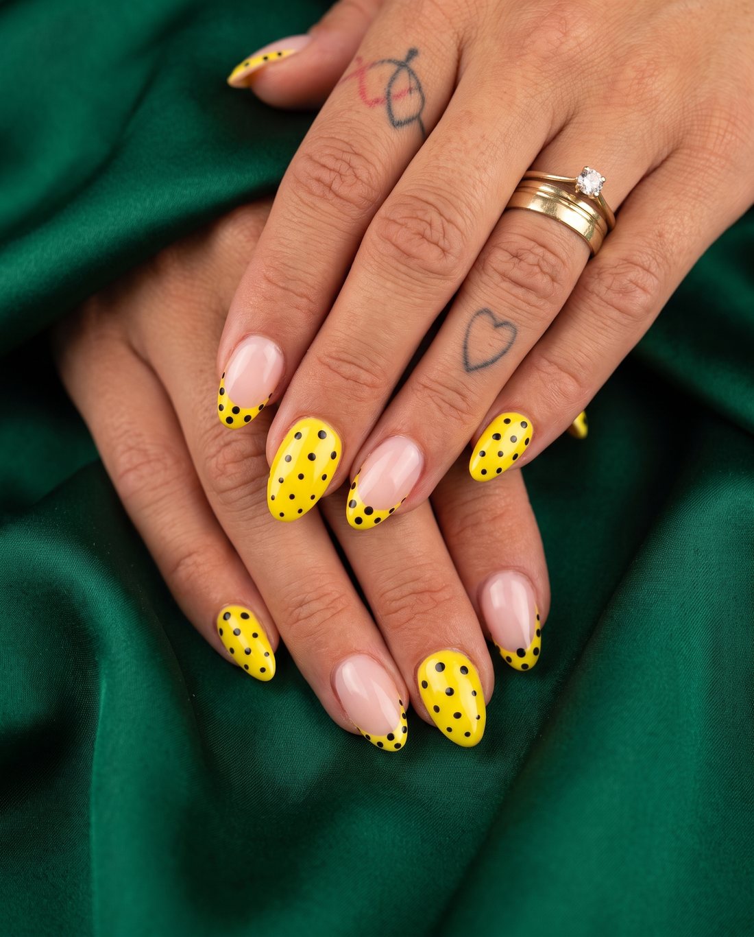 Yellow and black polka dot set with matching French tips