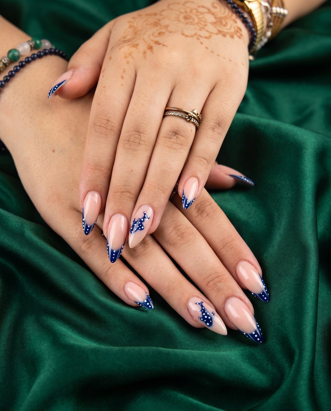 Navy French tips with white dots