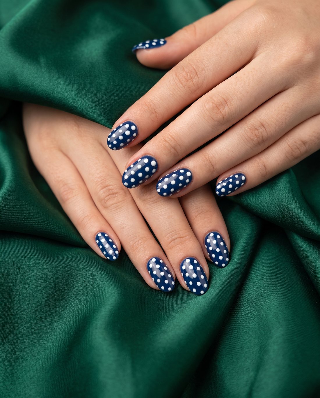 Navy nails with white polka dots