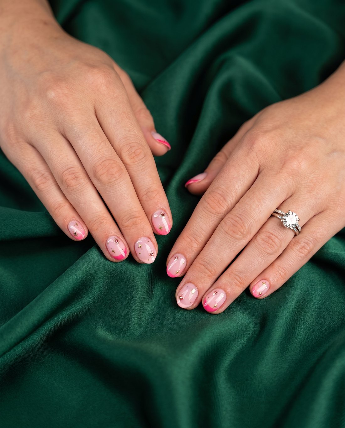 Short pink French with stars and tiny gems